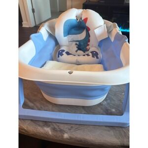 Foldable Baby Bath Tub Blue Dinosaur Theme Infant Toddler Bath Seat